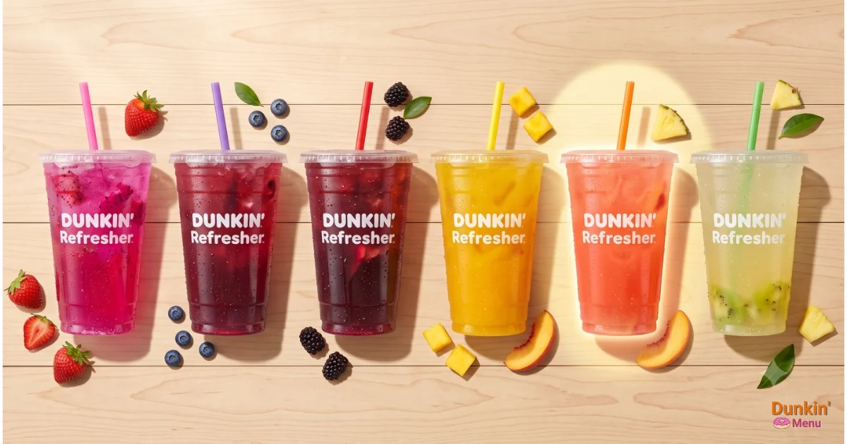 Six Dunkin Refreshers flavors lined up and ranked side by side