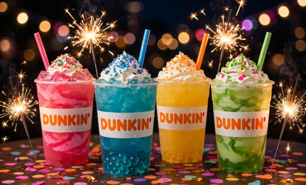 A hot seasonal Dunkin' coffee paper cup with a sprinkle of cinnamon on the lid, illustrating a limited-time holiday secret menu recipe.