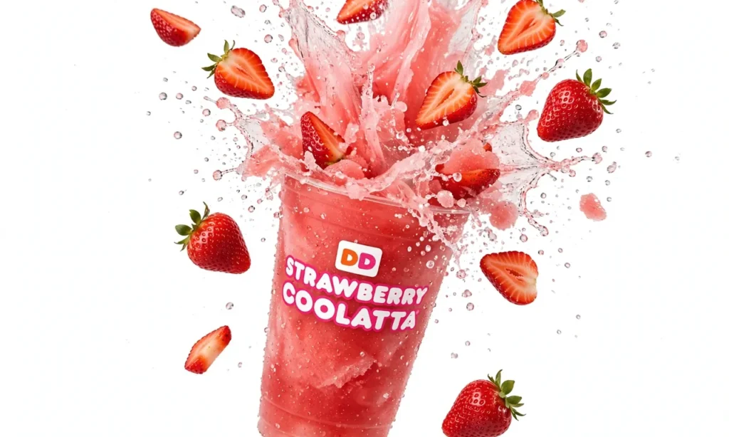 A vibrant strawberry-pink frozen blended drink from Dunkin', topped with whipped cream and strawberry drizzle, sitting on a weathered wooden table with blurred green trees in the background.