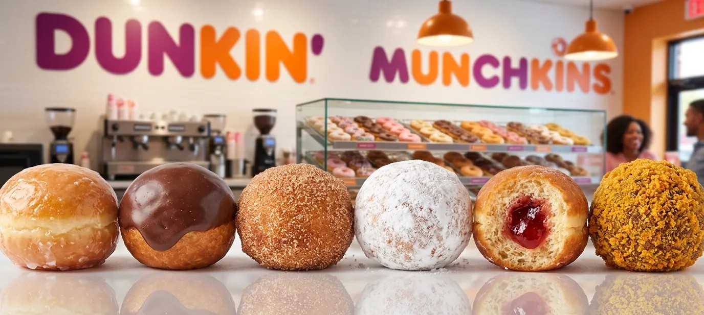 A close-up shot of six different Dunkin' Munchkins donut holes—glazed, chocolate glazed, cinnamon sugar, powdered sugar, jelly-filled, and butternut,lined up on a reflective counter with a bright Dunkin' shop interior in the background.