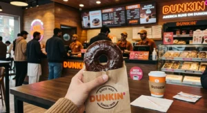 A person holding a fresh Dunkin glazed chocolate donut in a branded paper bag inside a modern Dunkin store with coffee cups, donut displays, and workers in the background.