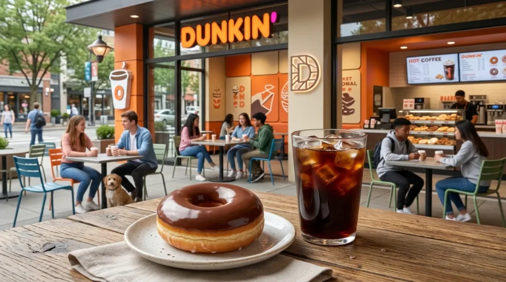 Dunkin glazed chocolate donut paired with an iced coffee on a table.