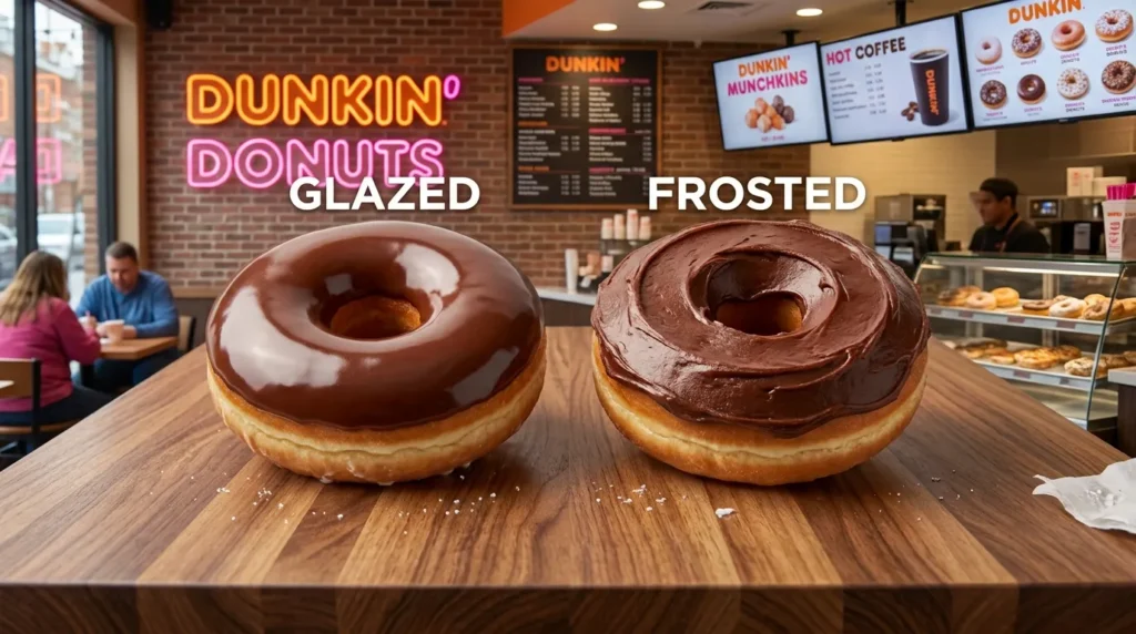Side-by-side comparison of a Dunkin glazed chocolate donut and a chocolate frosted donut.