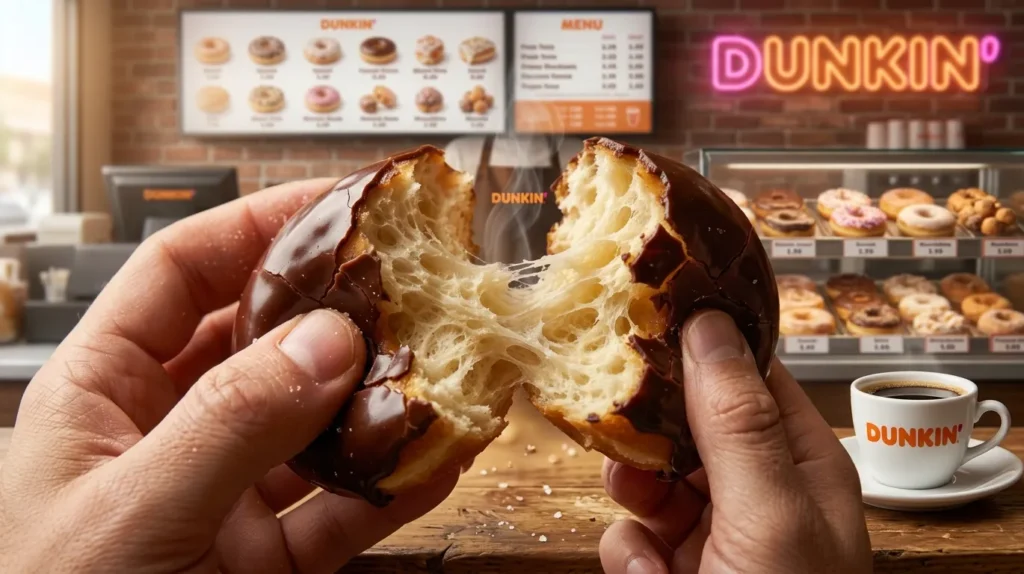 Close-up of a Dunkin glazed chocolate donut cut in half showing fluffy interior dough texture.