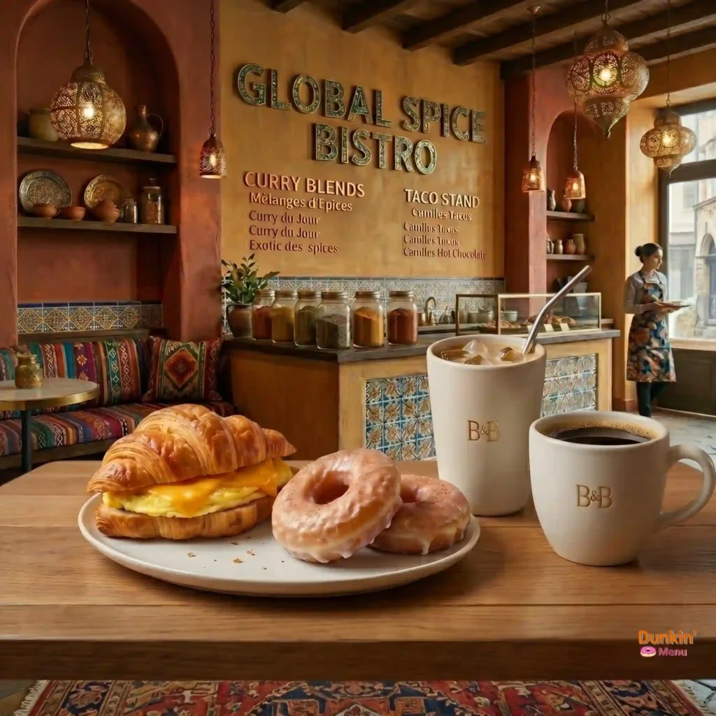 Breakfast sandwich and coffee from the Dunkin menu with prices