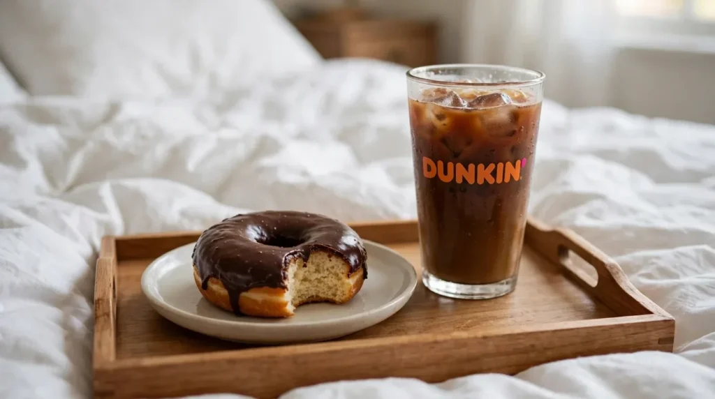 Dunkin glazed chocolate donut paired with an iced coffee on a table.