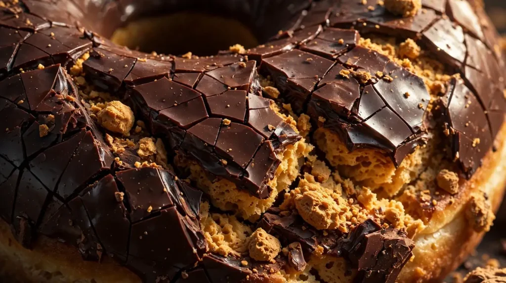 Close-up of a Dunkin glazed chocolate donut cut in half showing fluffy interior dough texture.