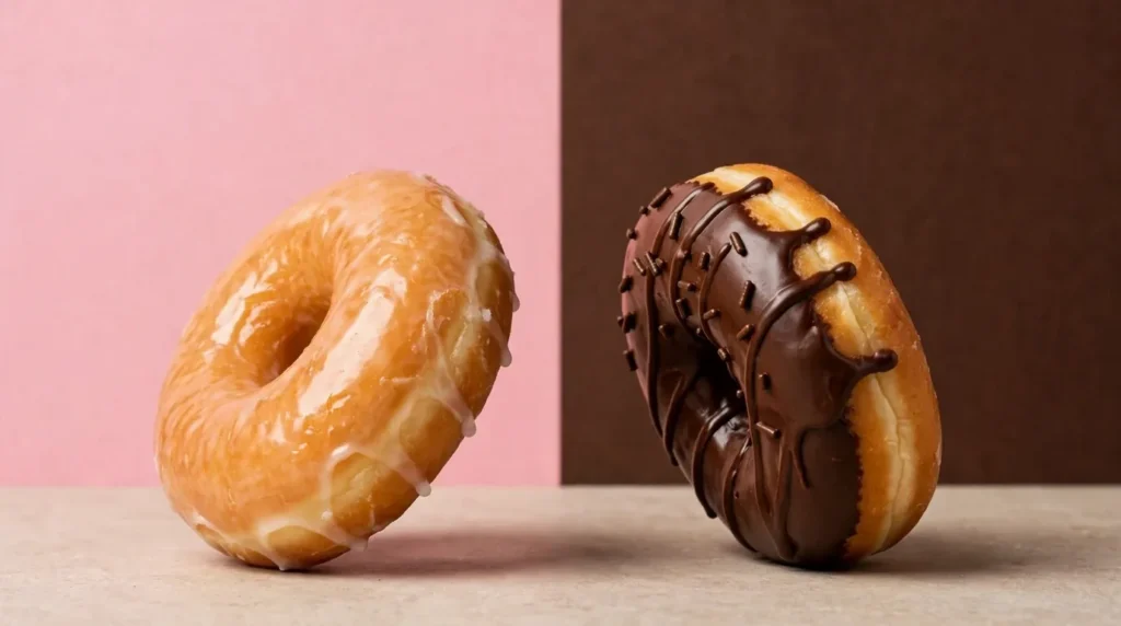 Side-by-side comparison of a Dunkin glazed chocolate donut and a chocolate frosted donut.