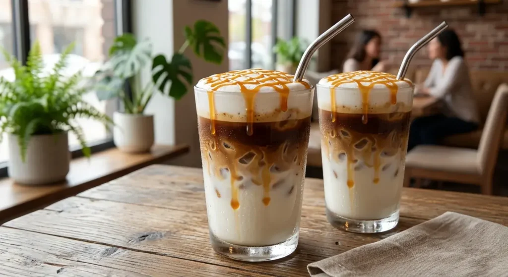 Iced caramel macchiato Dunkin coffee drink with caramel flavor