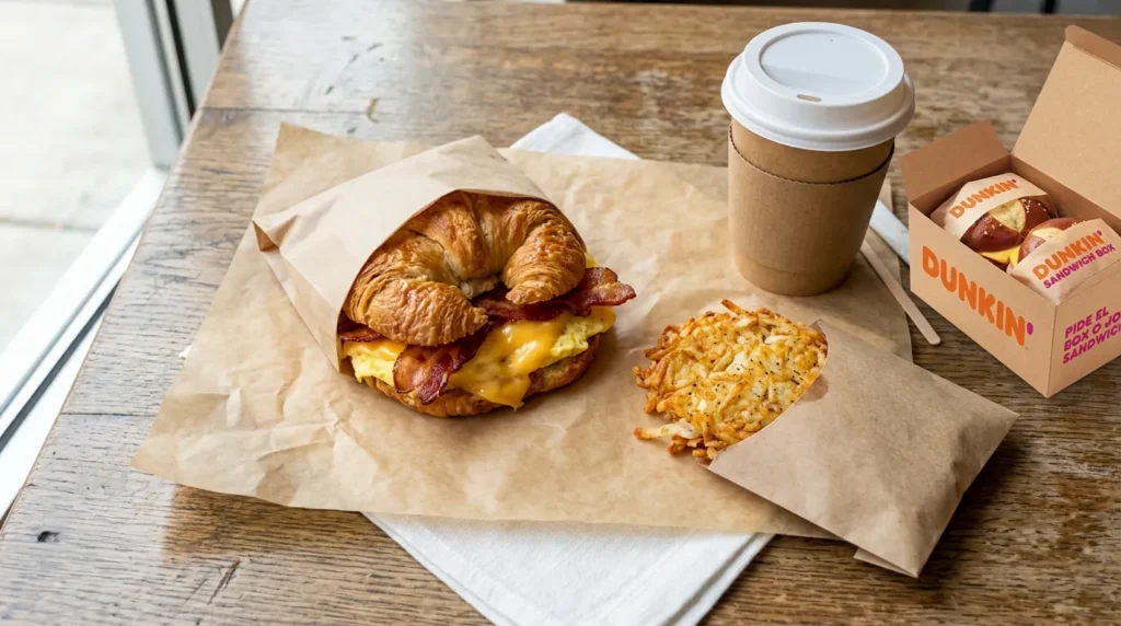 Breakfast sandwich served with hash browns and a takeaway coffee.