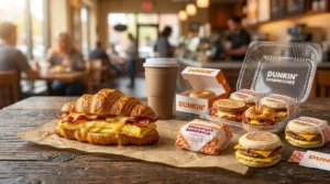 Dunkin Breakfast sandwiches with bacon, egg, and melted cheese beside a cup of coffee.