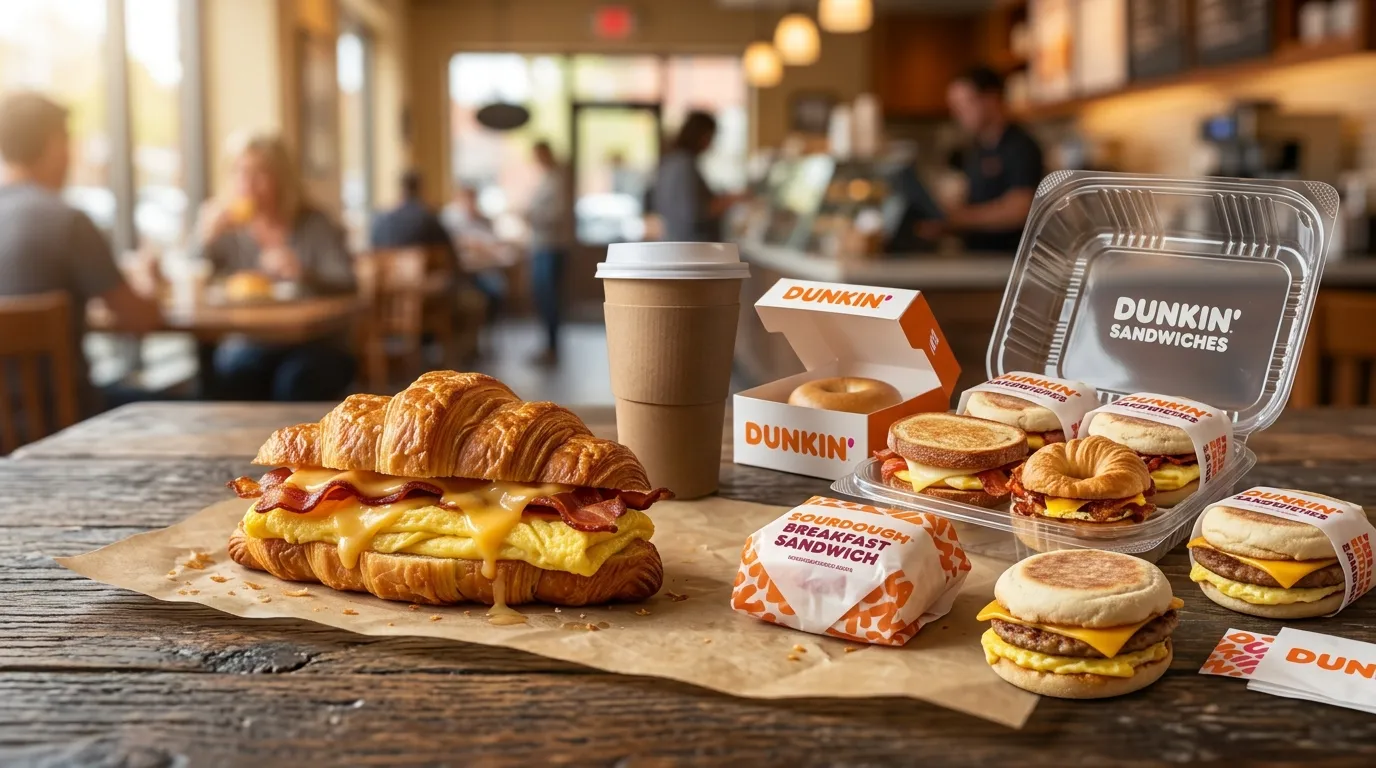 Dunkin Breakfast sandwiches with bacon, egg, and melted cheese beside a cup of coffee.