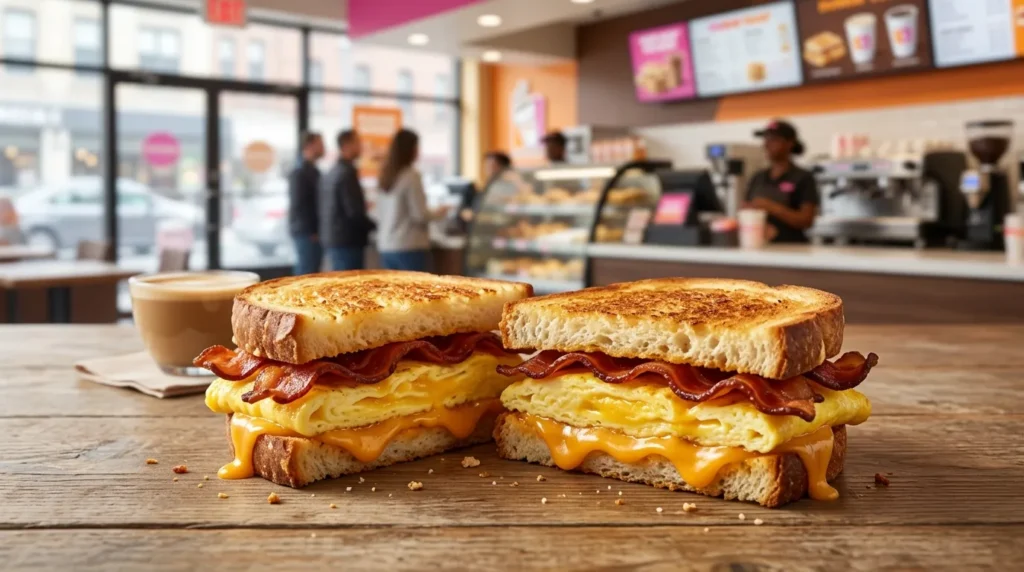 Toasted sourdough breakfast sandwich with bacon, egg, and melted cheese.