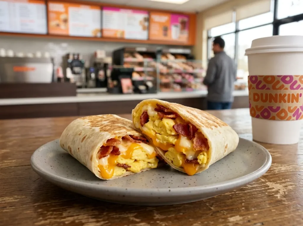 Small breakfast tortilla wrap filled with egg, cheese, and bacon.