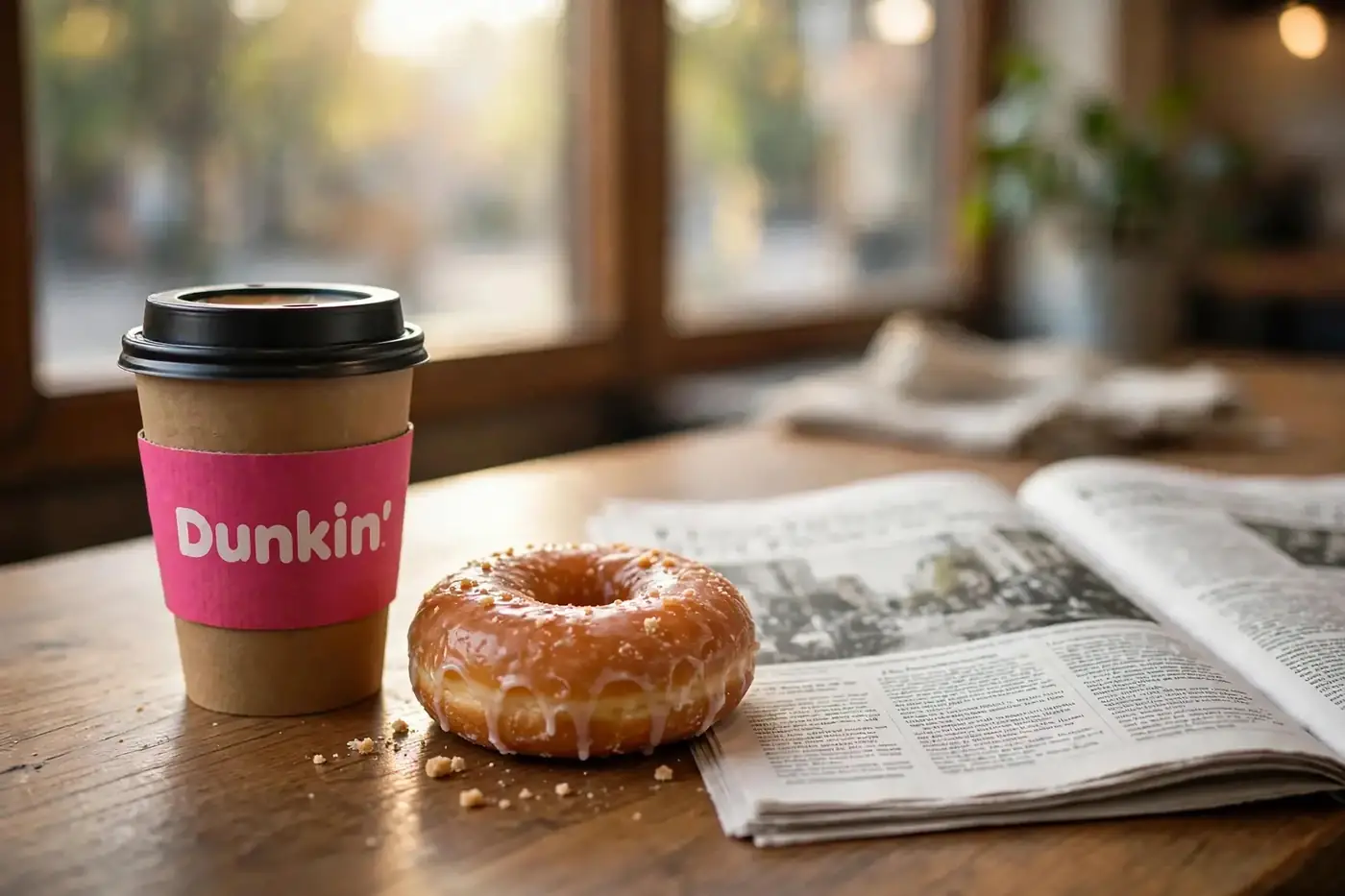 A Dunkin' coffee cup with pink sleeve and glazed donut beside a newspaper on a wooden table