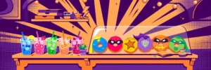 Dunkin Doomsday menu — superhero donuts and drinks illustration