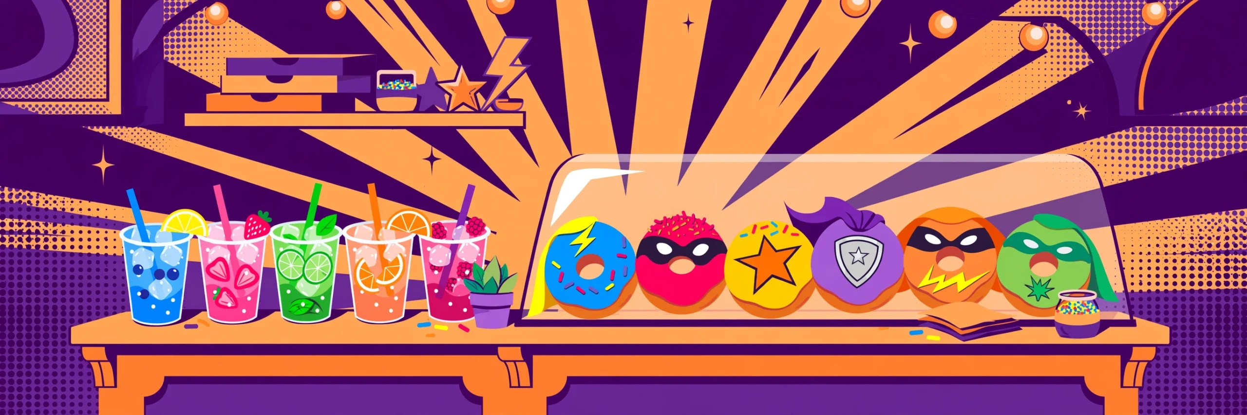 Dunkin Doomsday menu — superhero donuts and drinks illustration