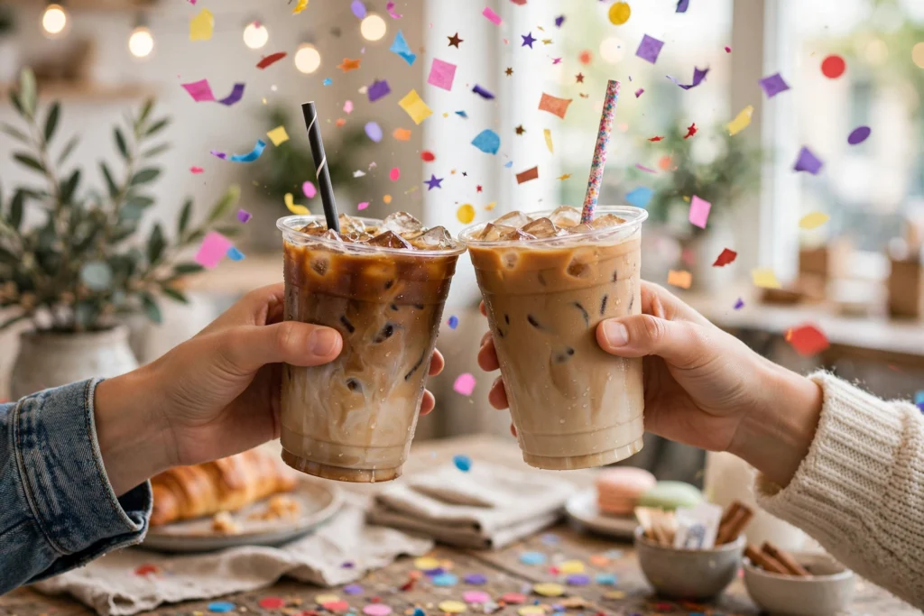 Celebrating with Dunkin' iced coffees and confetti - dunkin birthday reward