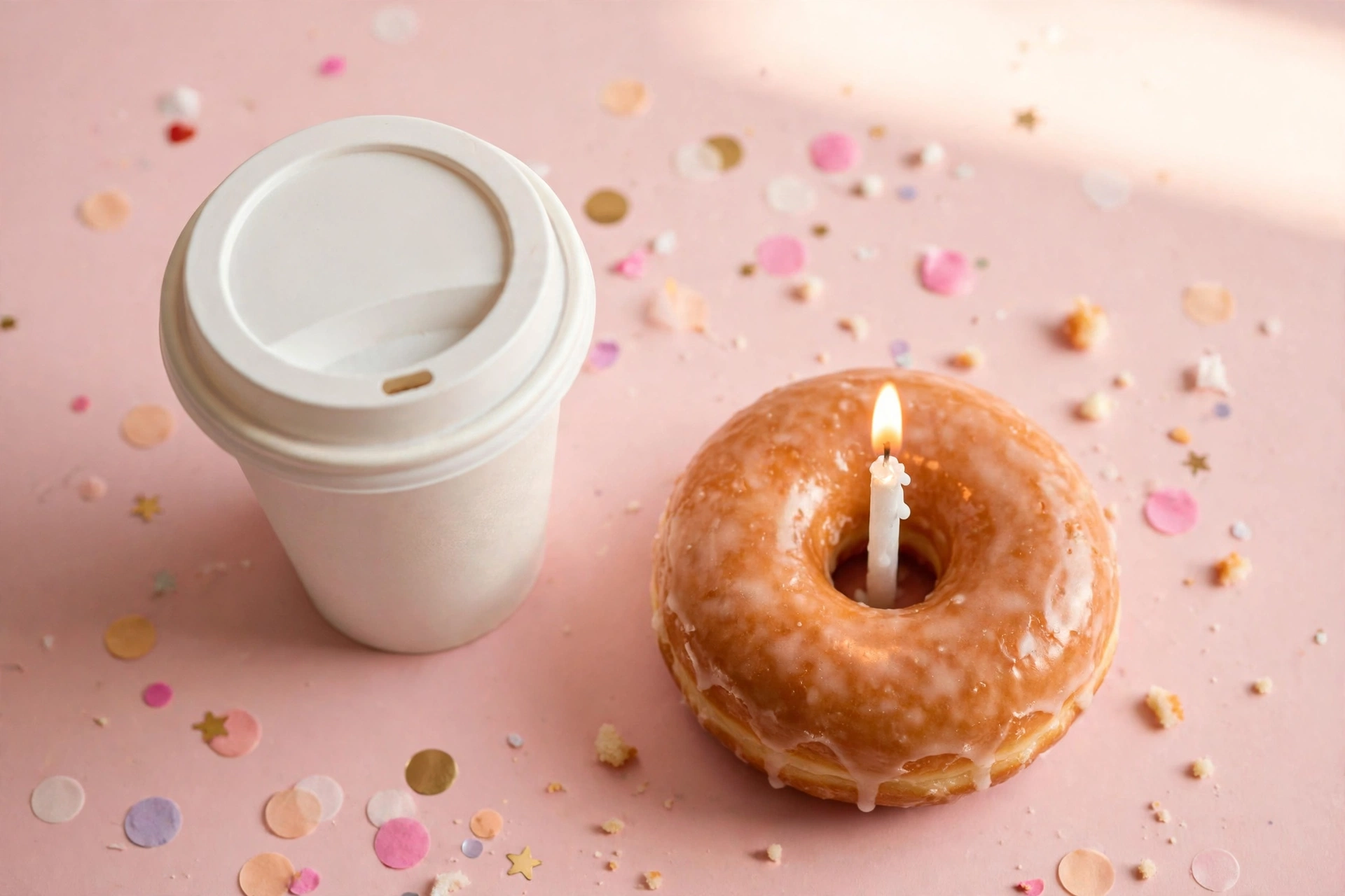Dunkin' birthday reward celebration — coffee and donut with candle