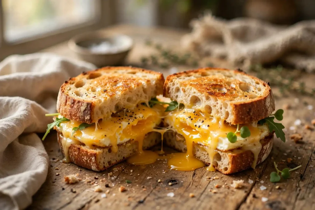 Breakfast sandwich with egg and cheese on toasted sourdough