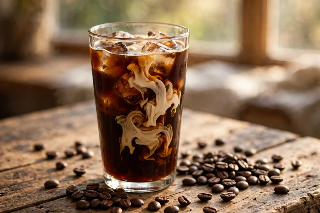 Cold brew coffee with cream swirl — one of the highest dunkin caffeine drinks