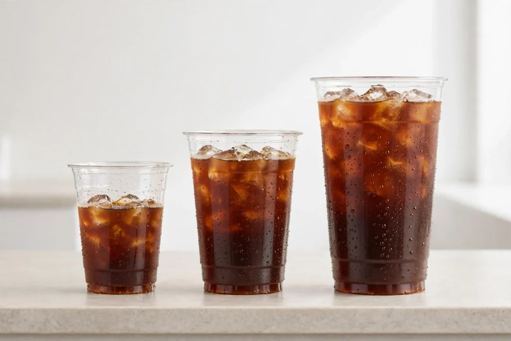 Dunkin iced coffee in small, medium and large cups showing how dunkin caffeine rises with size