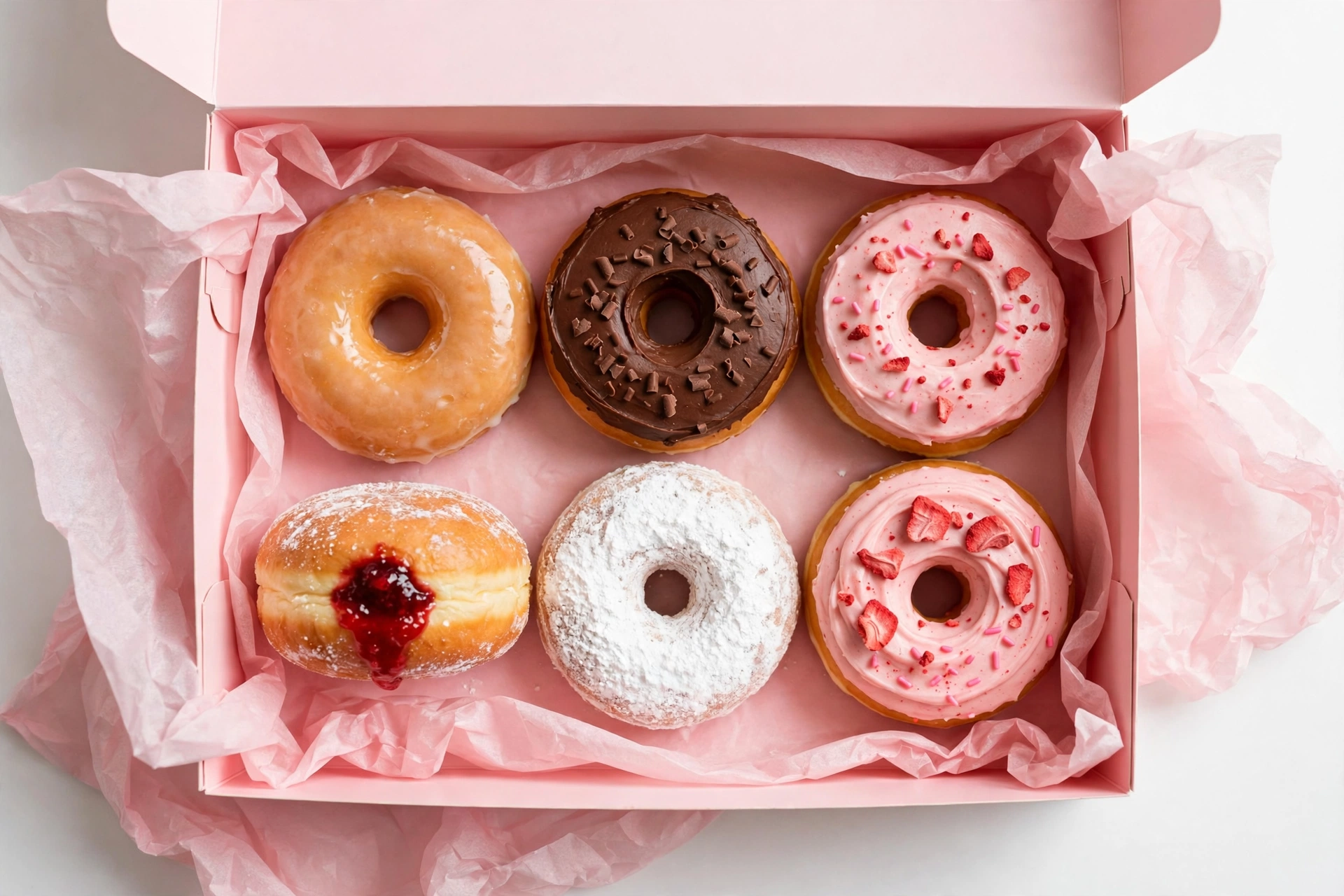 Assorted Dunkin' donuts in a pink bakery box - dunkin calories guide