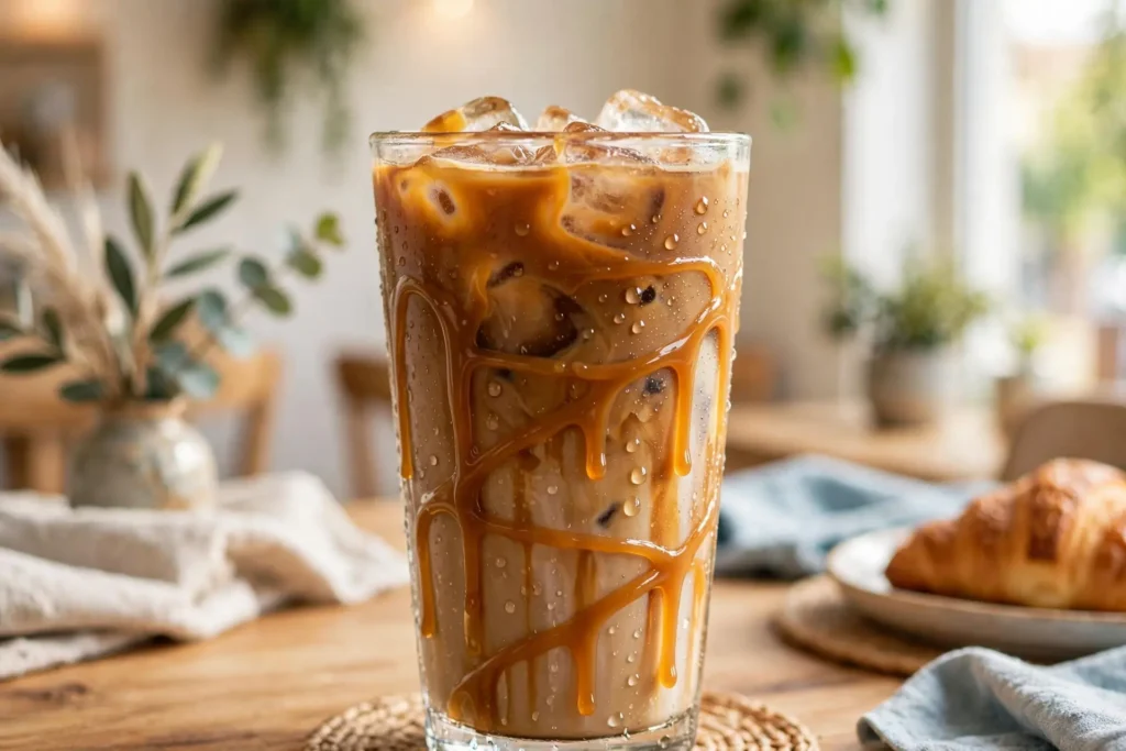 Iced coffee with caramel drizzle