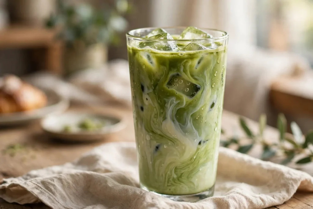 Iced matcha latte with oat milk
