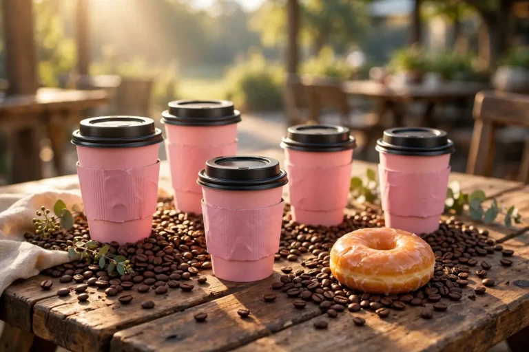 Pink coffee cups with coffee beans and glazed donut celebrating Dunkin National Coffee Day 2026