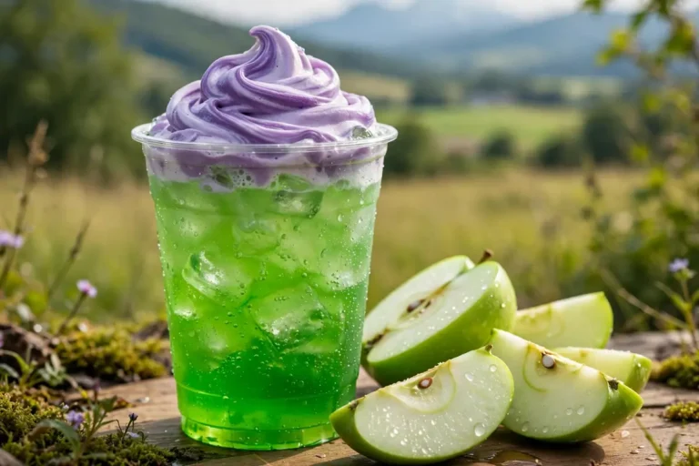 Green Apple Dunkin Zero energy drink with purple marshmallow cold foam and apple slices