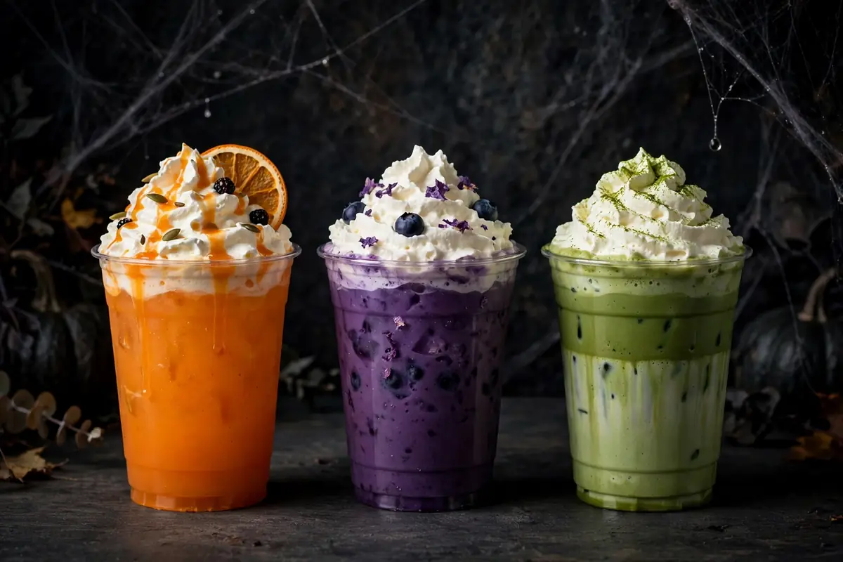 Halloween drinks in orange, purple and green with whipped cream and cobwebs from the Dunkin Halloween drinks 2026 lineup