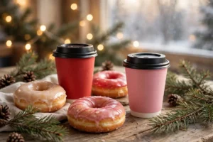 Holiday coffee cups and donuts with pine branches and fairy lights tracking the Dunkin holiday menu 2026