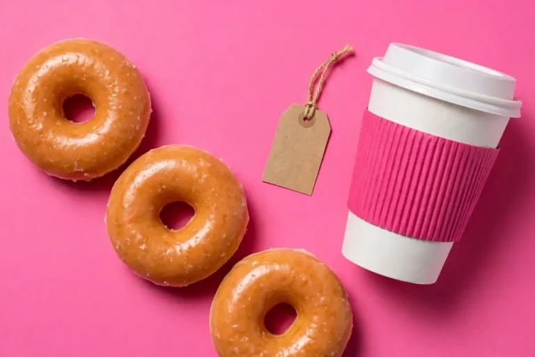 Glazed donuts and coffee cup with pink sleeve on Dunkin pink background for the Dunkin deals October 2026 calendar
